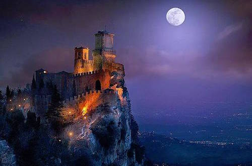 Moon at Night in San Marino Castle on Cliff Top